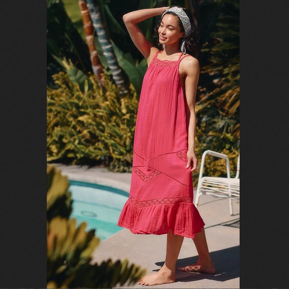 By Anthropologie Crochet-Trim Gauze Dress  in Pink Sz 2X New With Tags - Picture 2 of 12